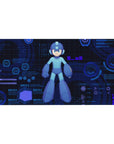 Sci-fi anime desk pad 40x20 inches with neon HUD rings, hex grid, and glowing data panels.