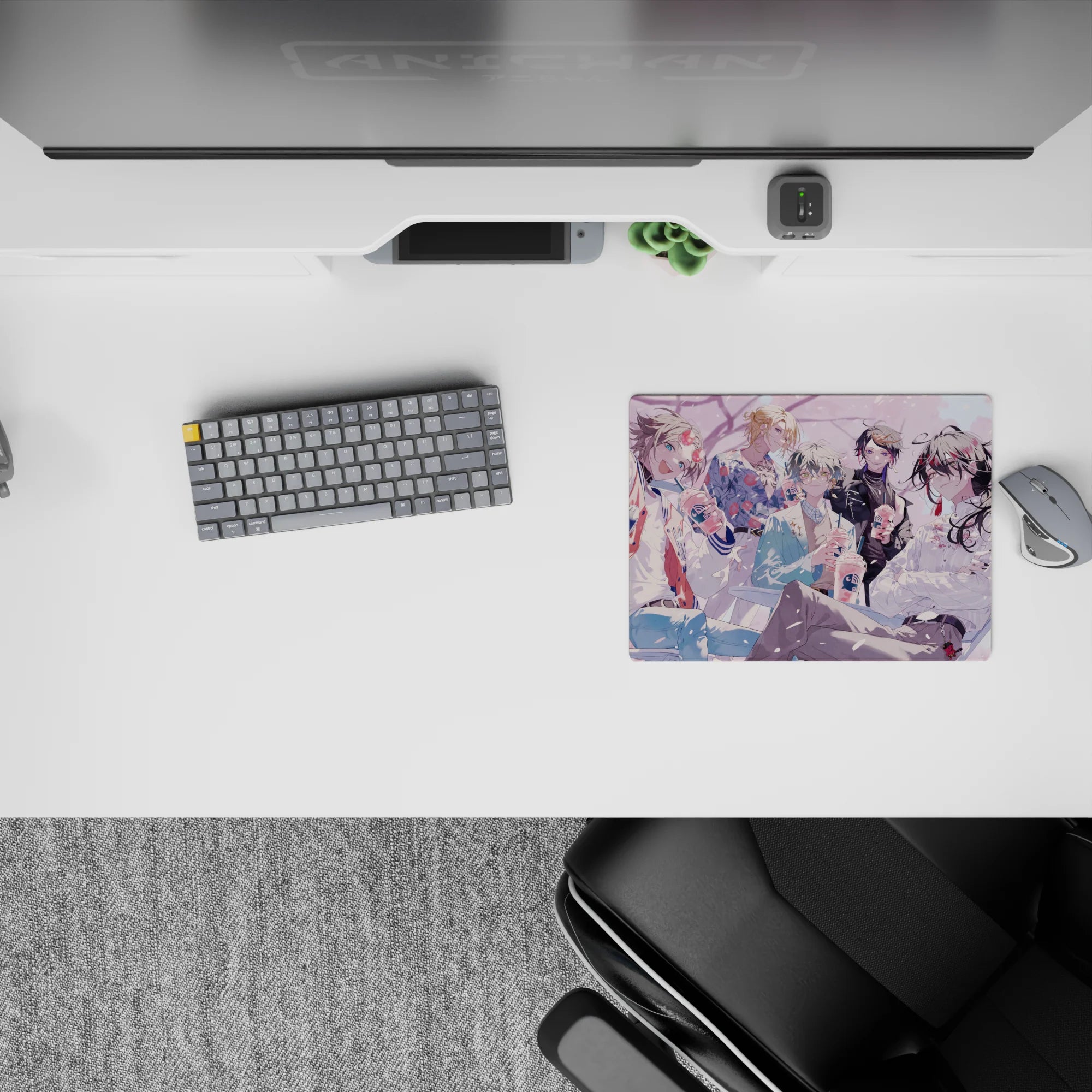 Pastel pink anime mouse pad 14x10 inches, cozy café vibe with soft lighting and smooth gradients.