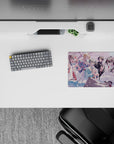 Pastel pink anime mouse pad 14x10 inches, cozy café vibe with soft lighting and smooth gradients.