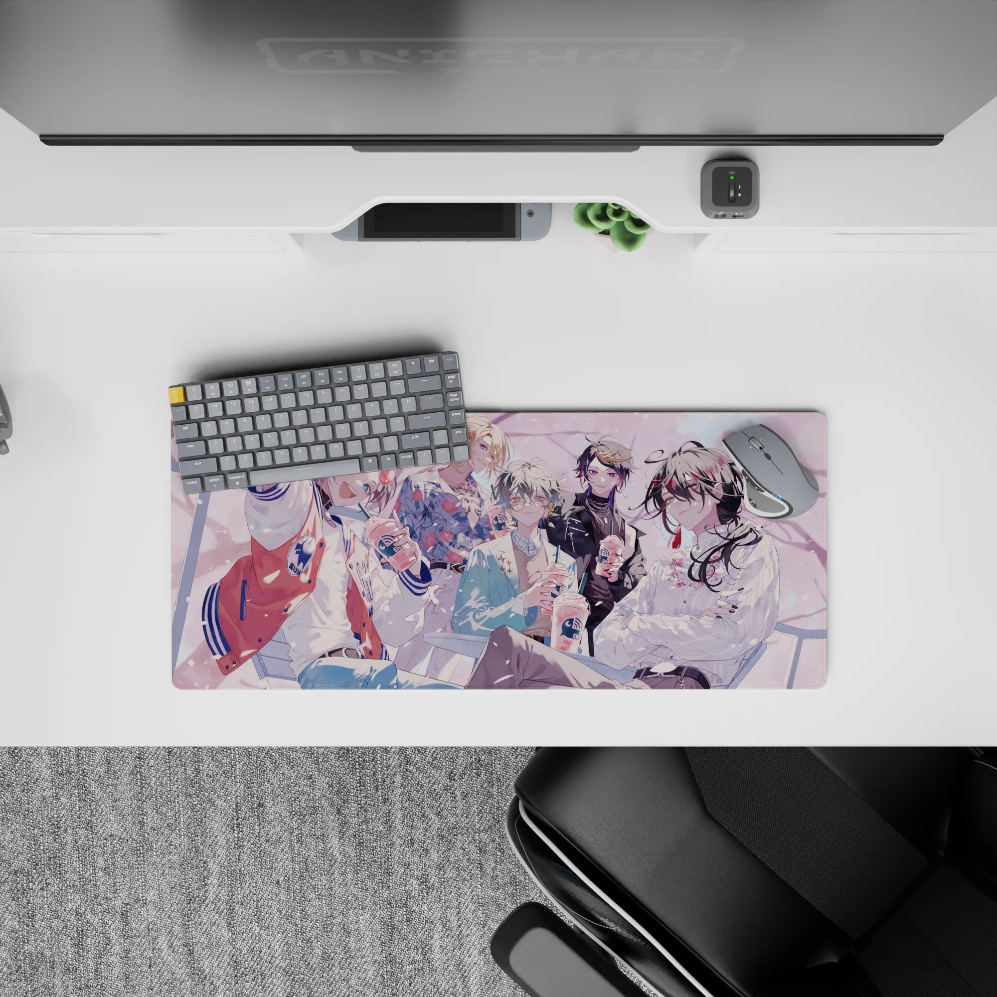 28x12 inches pastel anime mouse pad with spring-pink petals, cozy café lighting, smooth gradients.