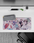 28x12 inches pastel anime mouse pad with spring-pink petals, cozy café lighting, smooth gradients.
