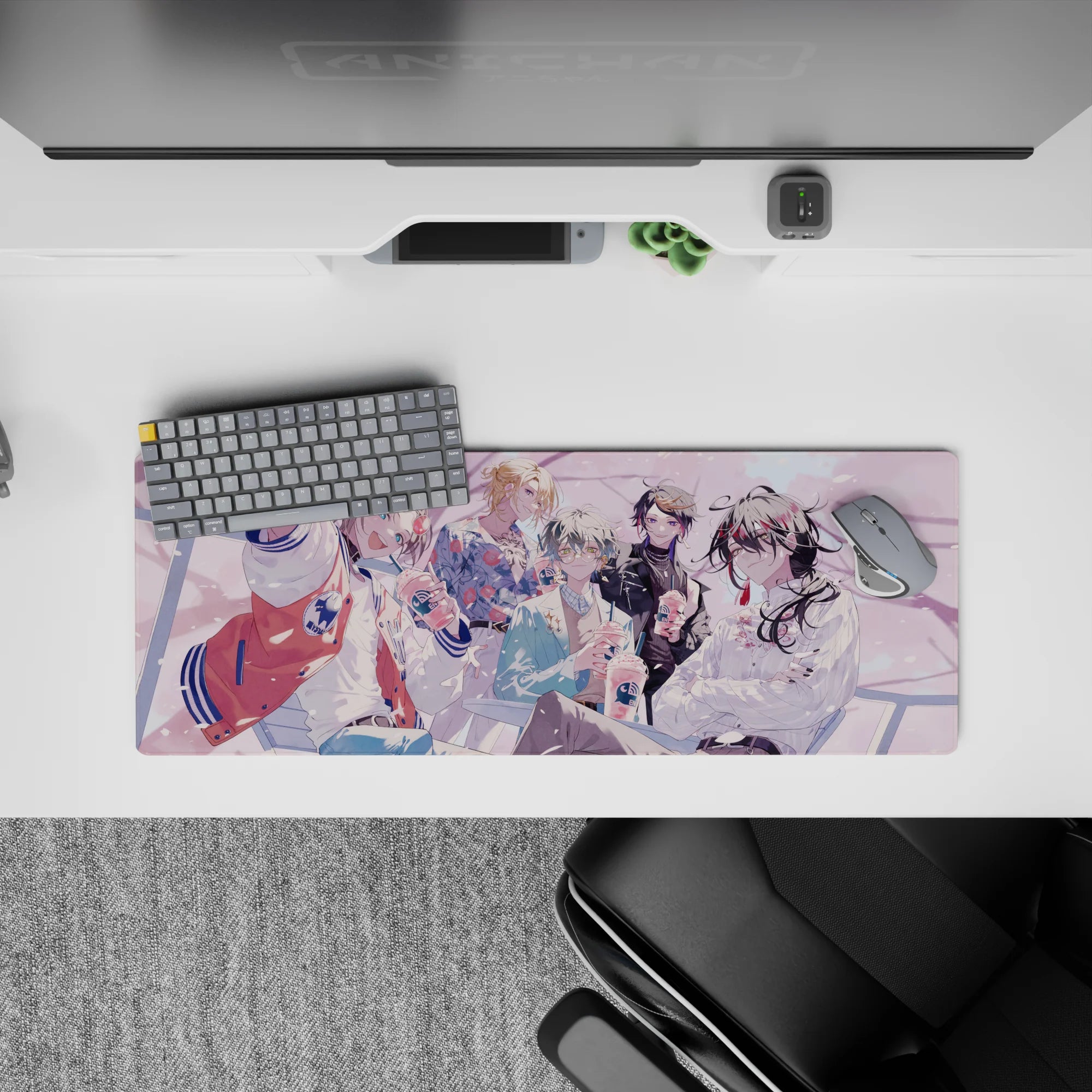 Pastel pink anime mouse pad 32x12 inches, cozy spring café vibe with soft lighting and smooth gradients.