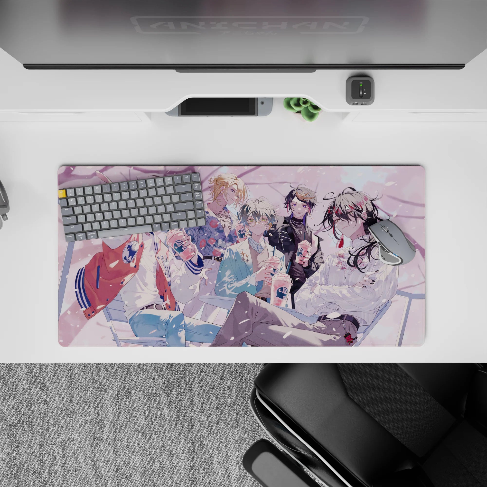 Pastel café vibe anime mouse pad 32x16 inches, spring-pink petals, soft lighting, smooth gradients.