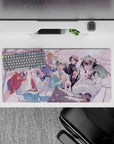 Pastel café vibe anime mouse pad 32x16 inches, spring-pink petals, soft lighting, smooth gradients.