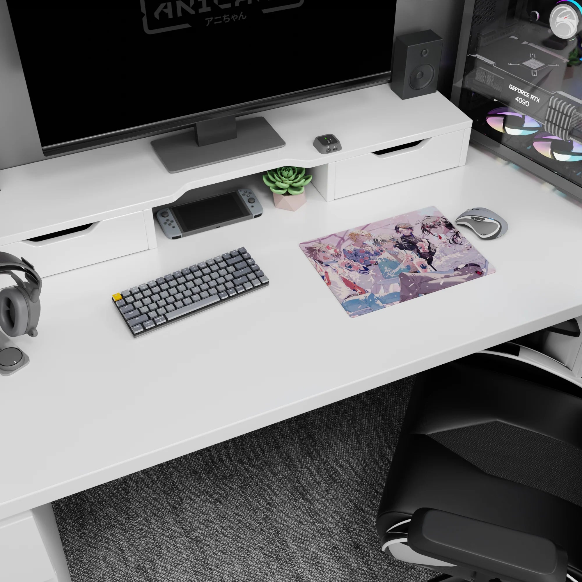 Anime mouse pad 14x10 inches featuring a grinning boy in a varsity jacket with friends and iced drinks.