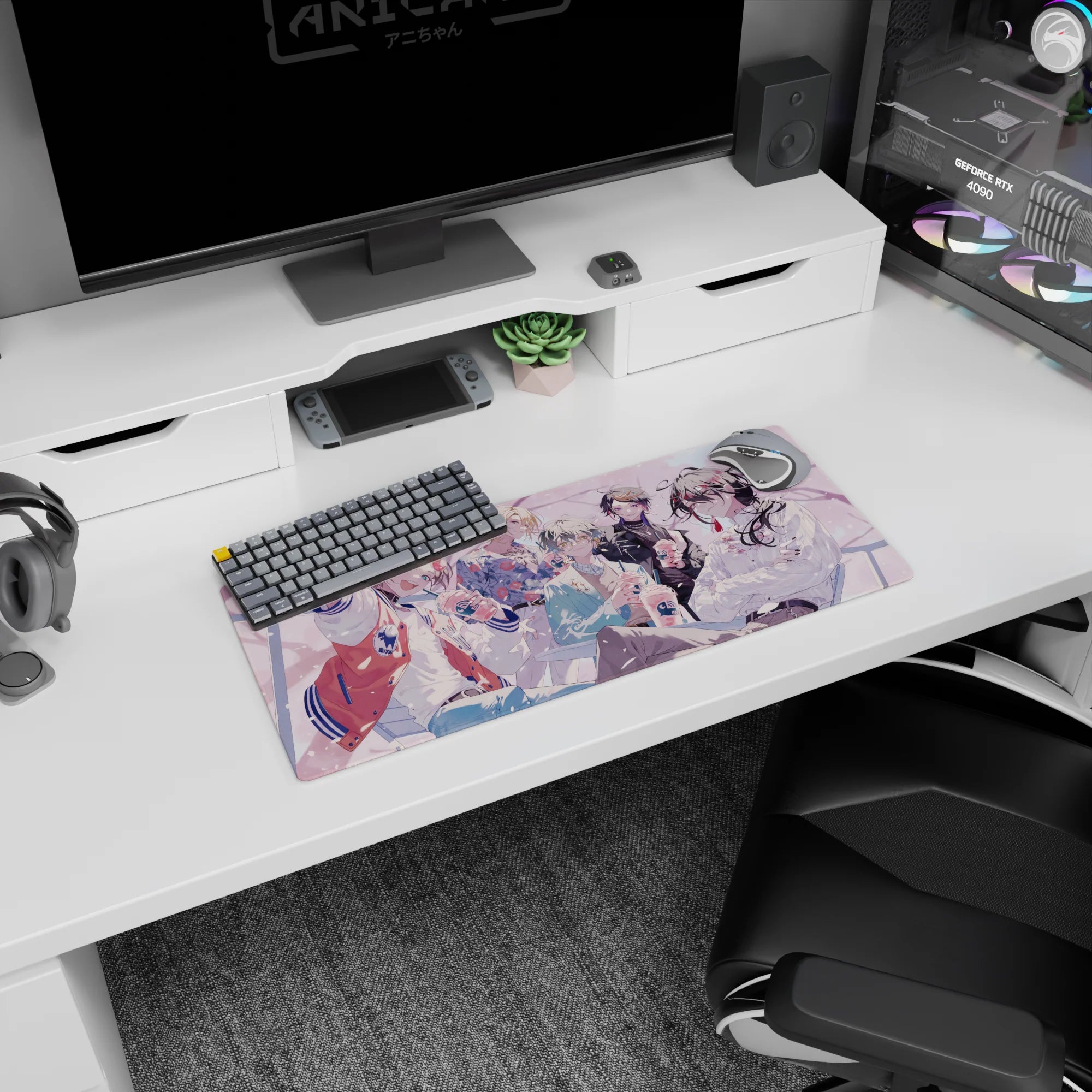 28x12 inches anime mouse pad featuring grinning boy in varsity jacket and friends sipping iced drinks.