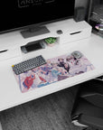 28x12 inches anime mouse pad featuring grinning boy in varsity jacket and friends sipping iced drinks.