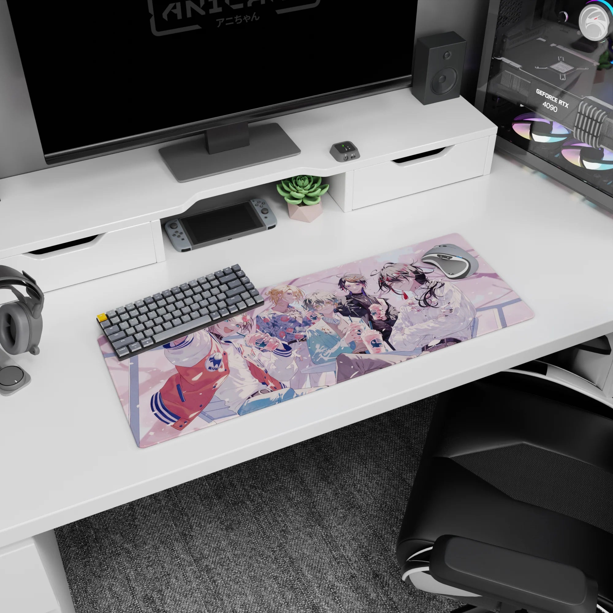 Anime mouse pad 32x12 inches featuring a grinning boy in a varsity jacket with friends, iced drinks, petals.