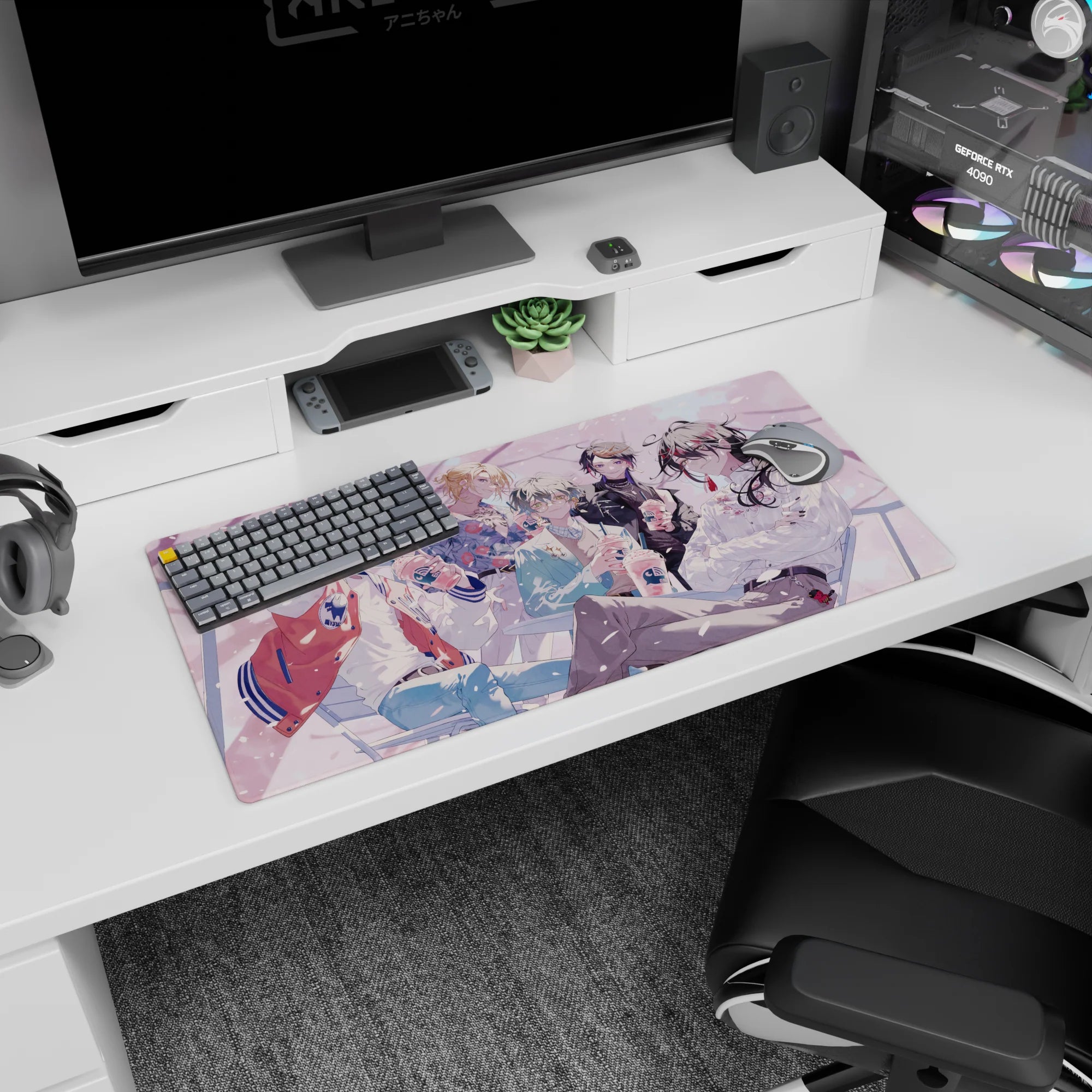 Anime mouse pad 32x16 inches featuring a varsity jacket boy laughing with friends over iced drinks.