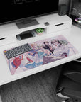 Anime mouse pad 32x16 inches featuring a varsity jacket boy laughing with friends over iced drinks.