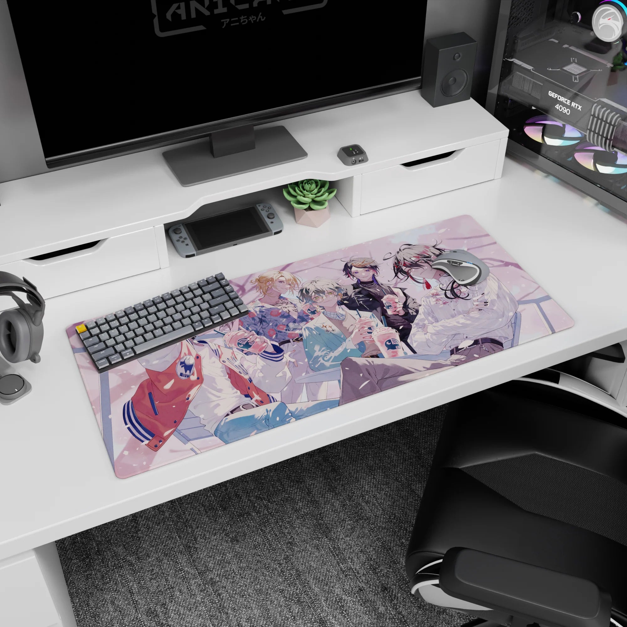 36x16 inches anime desk pad featuring a grinning boy in a varsity jacket and friends with iced drinks.