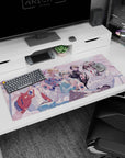 36x16 inches anime desk pad featuring a grinning boy in a varsity jacket and friends with iced drinks.