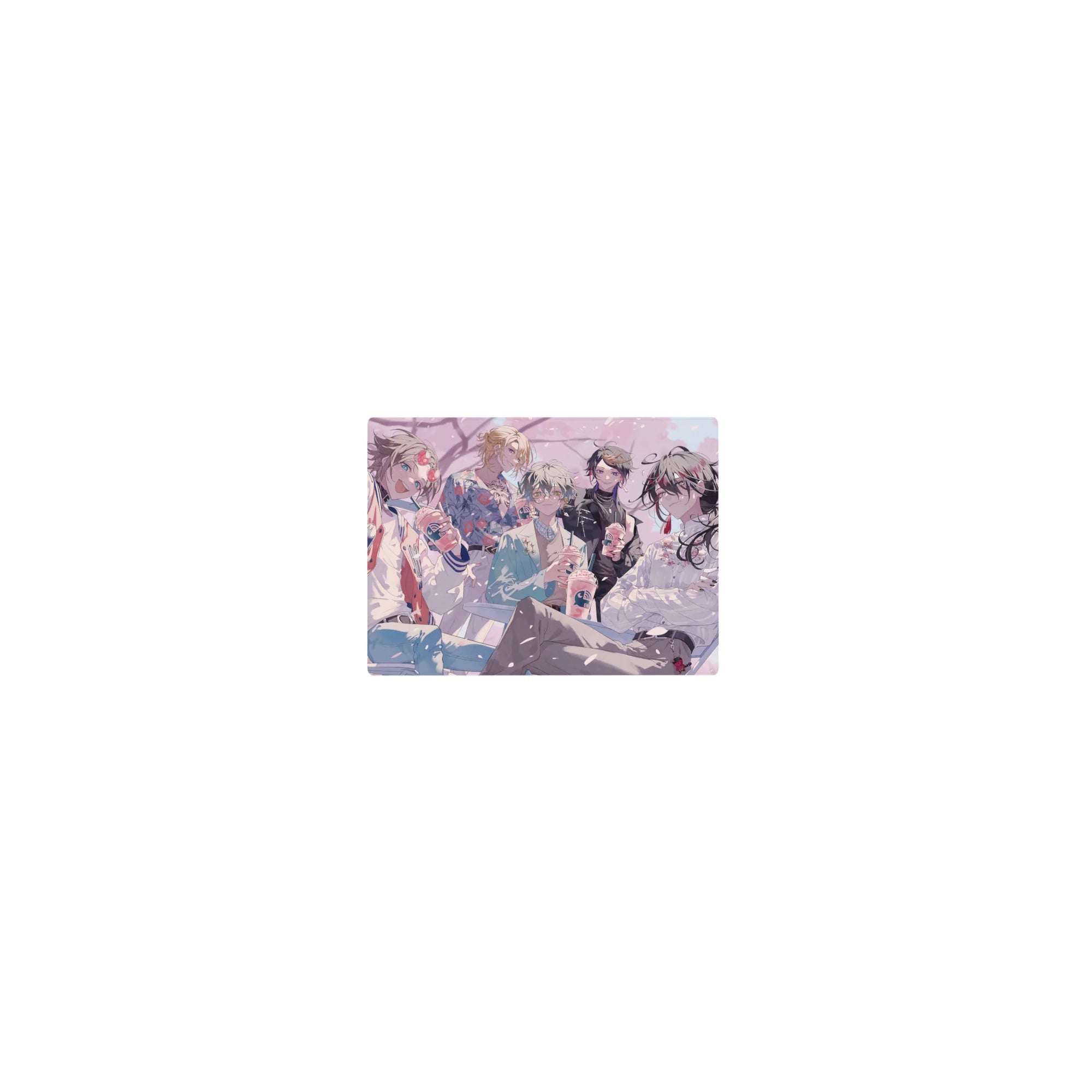 Classic anime mouse pad 14x10 inches with five stylish boys at a café, iced drinks, spring petals.