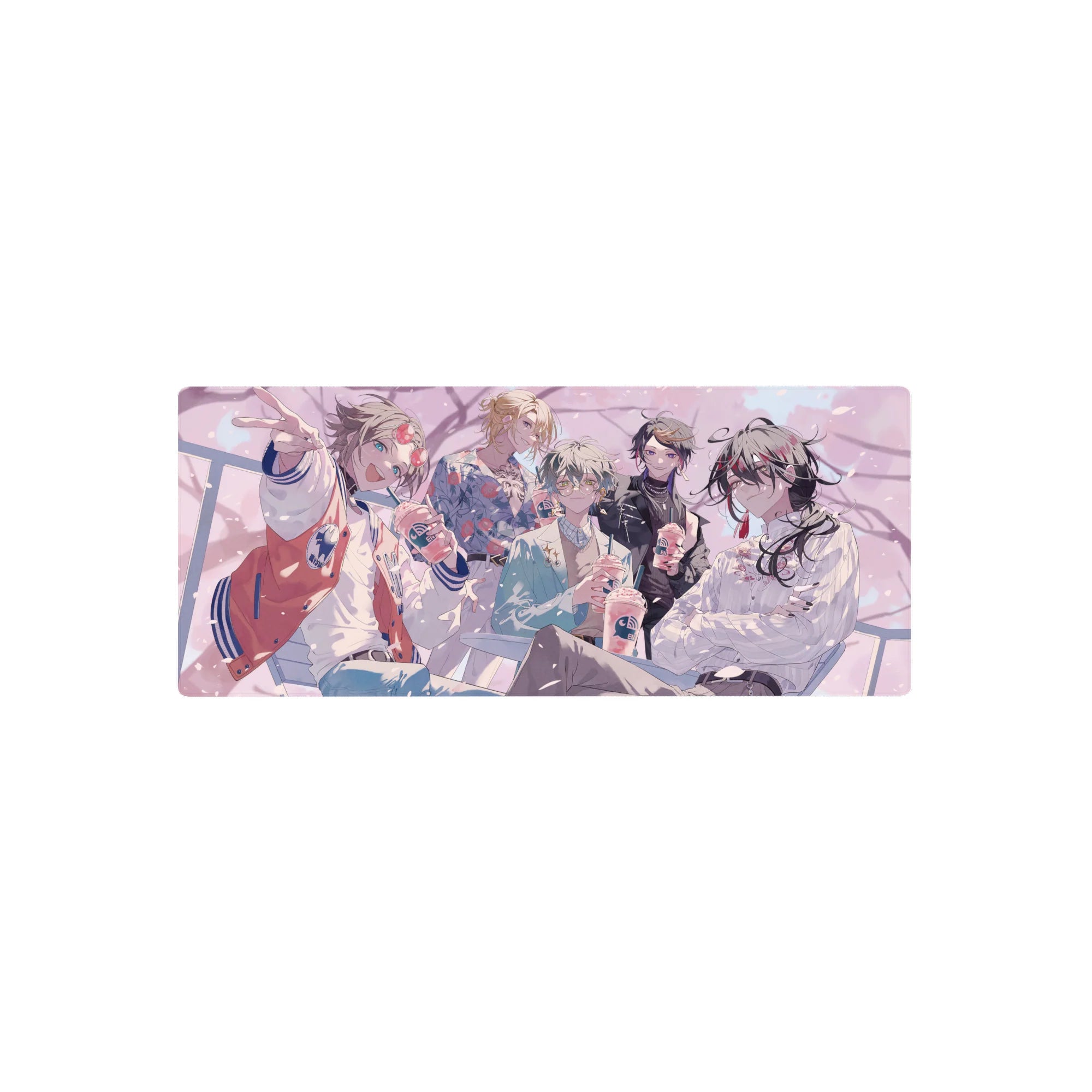 28x12 inches anime mouse pad with five stylish boys at a café hangout, iced drinks and spring petals.
