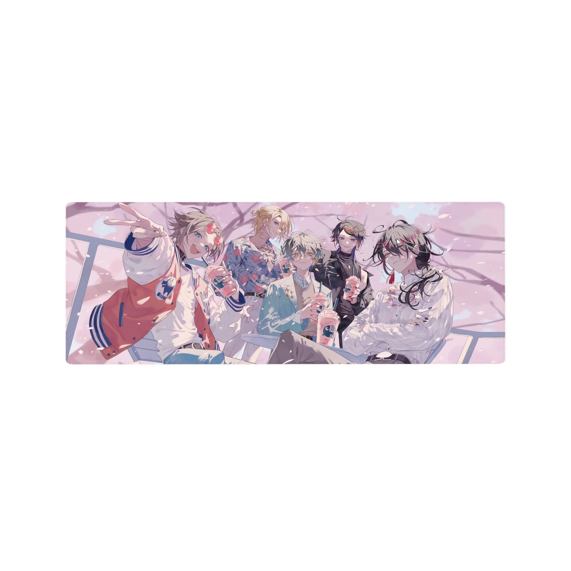 Anime mouse pad 32x12 inches with five stylish boys at a café hangout, iced drinks and petals.