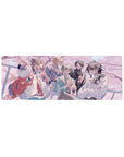Anime mouse pad 32x12 inches with five stylish boys at a café hangout, iced drinks and petals.