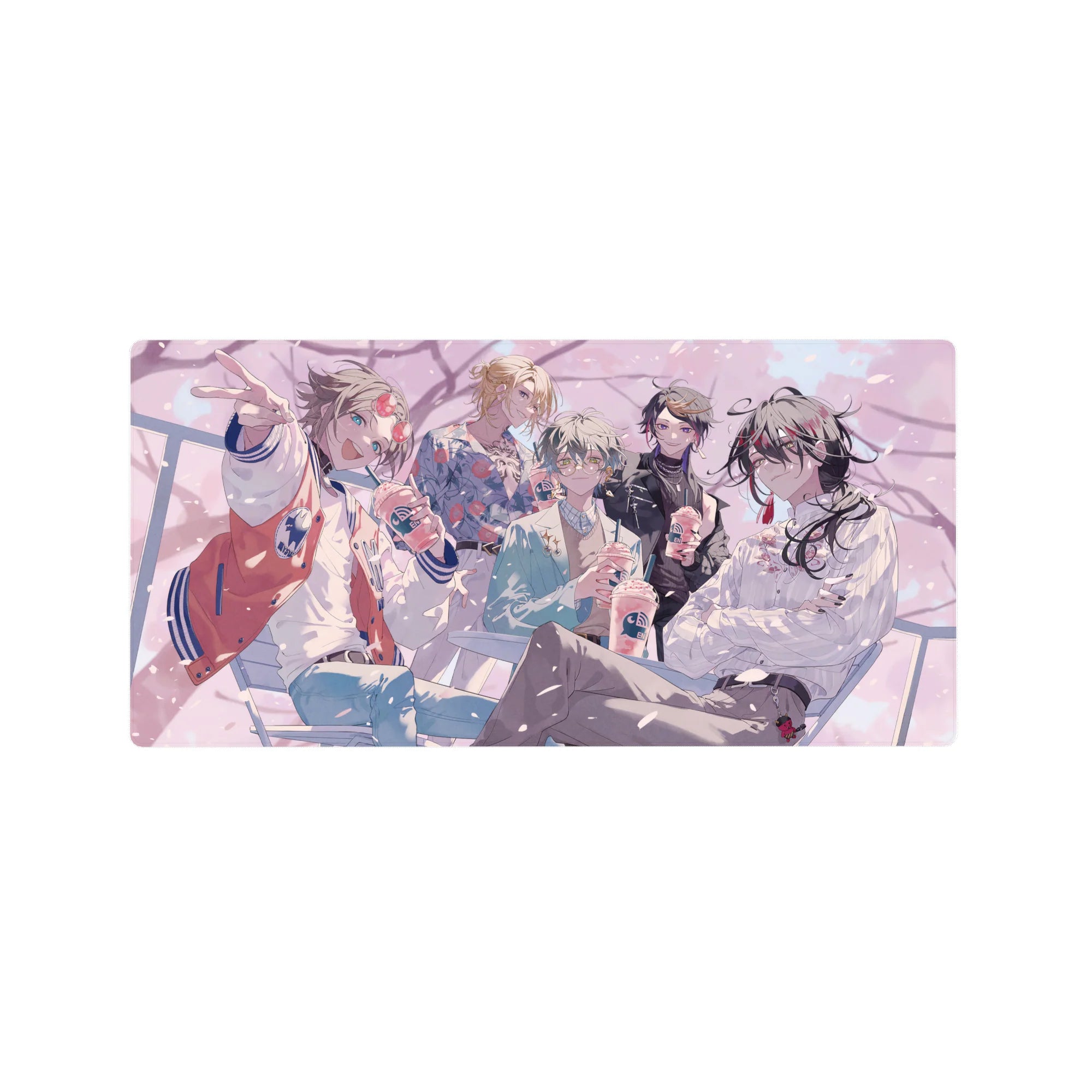 Anime mouse pad 32x16 inches with five stylish boys at a café hangout, iced drinks, petals.