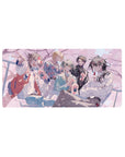 Anime mouse pad 32x16 inches with five stylish boys at a café hangout, iced drinks, petals.