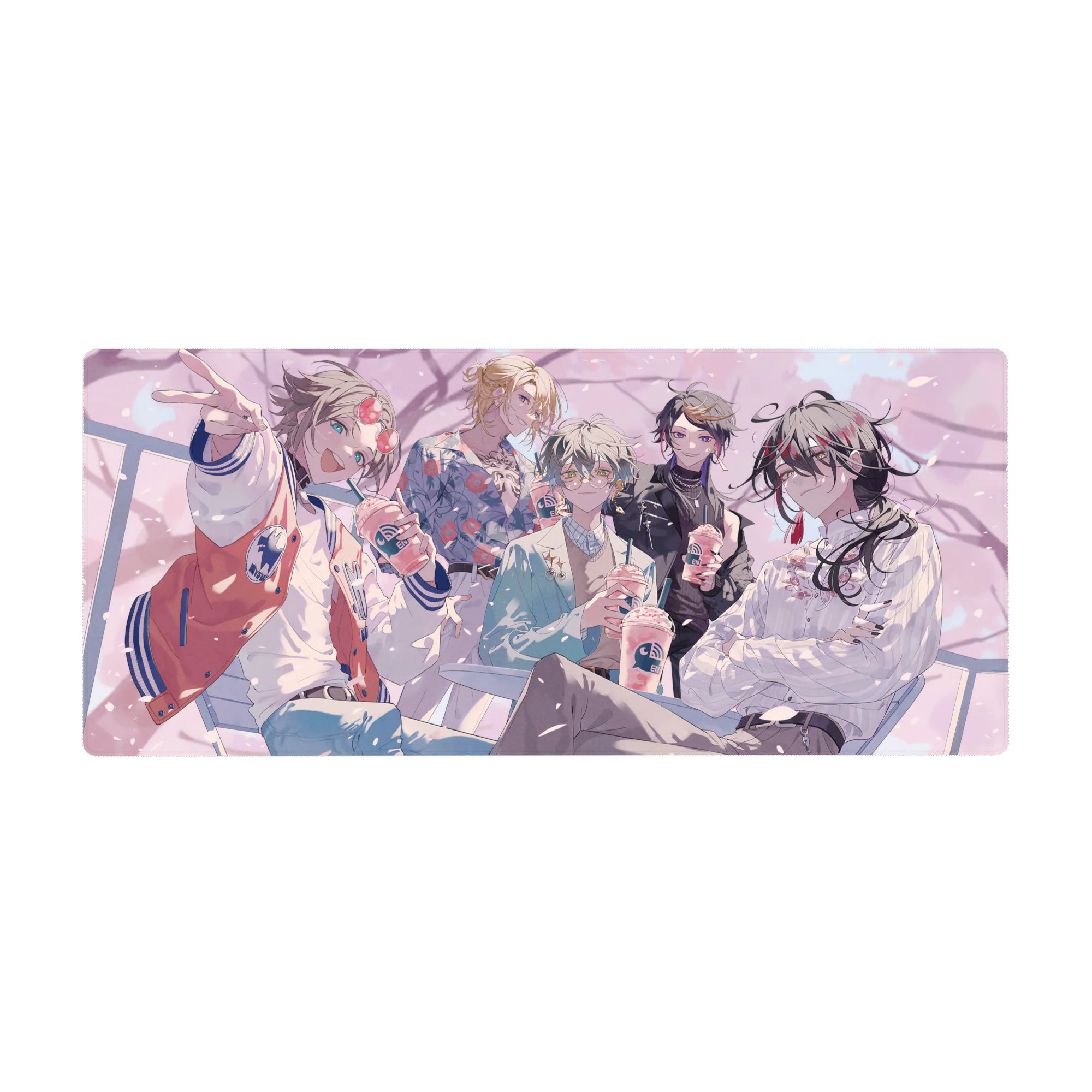 36x16 inches anime desk pad with five stylish boys laughing at a café, iced drinks, spring petals.