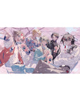 Anime desk pad 40x20 inches with five stylish boys at a café hangout, iced drinks, drifting petals.