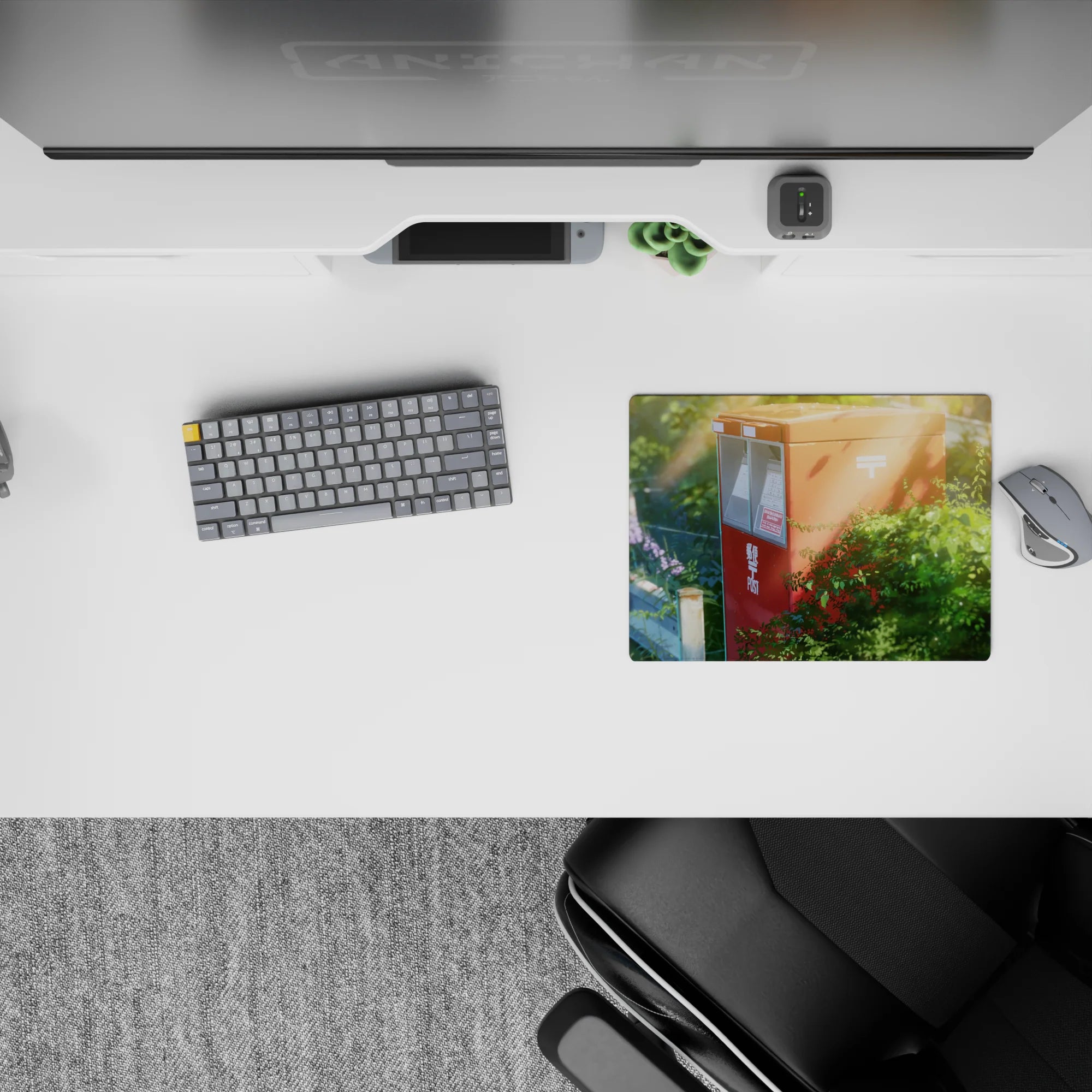Cozy summer anime mouse pad 14x10 inches in soft greens and dusty blues with warm nostalgic lens haze.