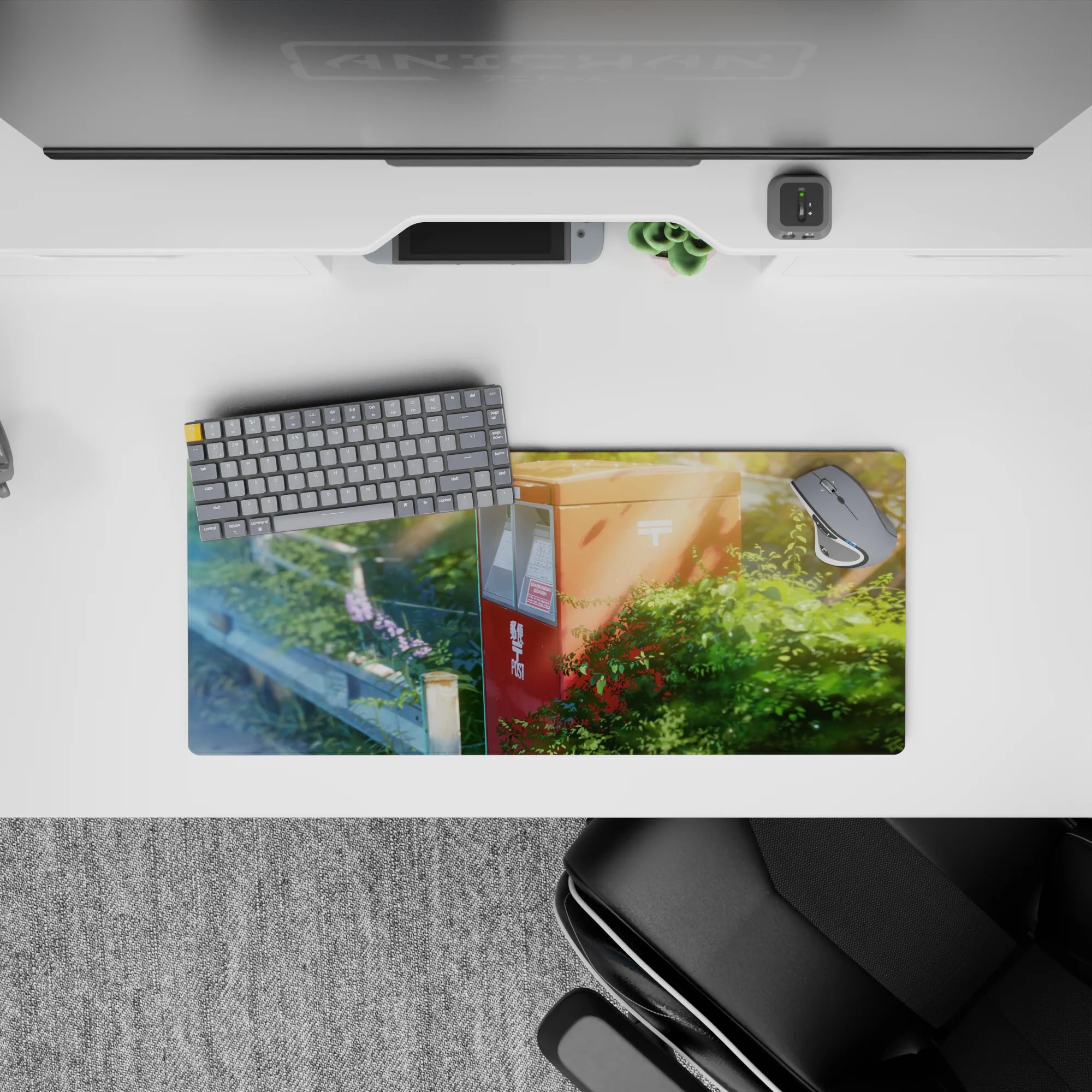 28x12 inches anime mouse pad in calm slice-of-life tones, gentle greens and dusty road blues with warm haze.