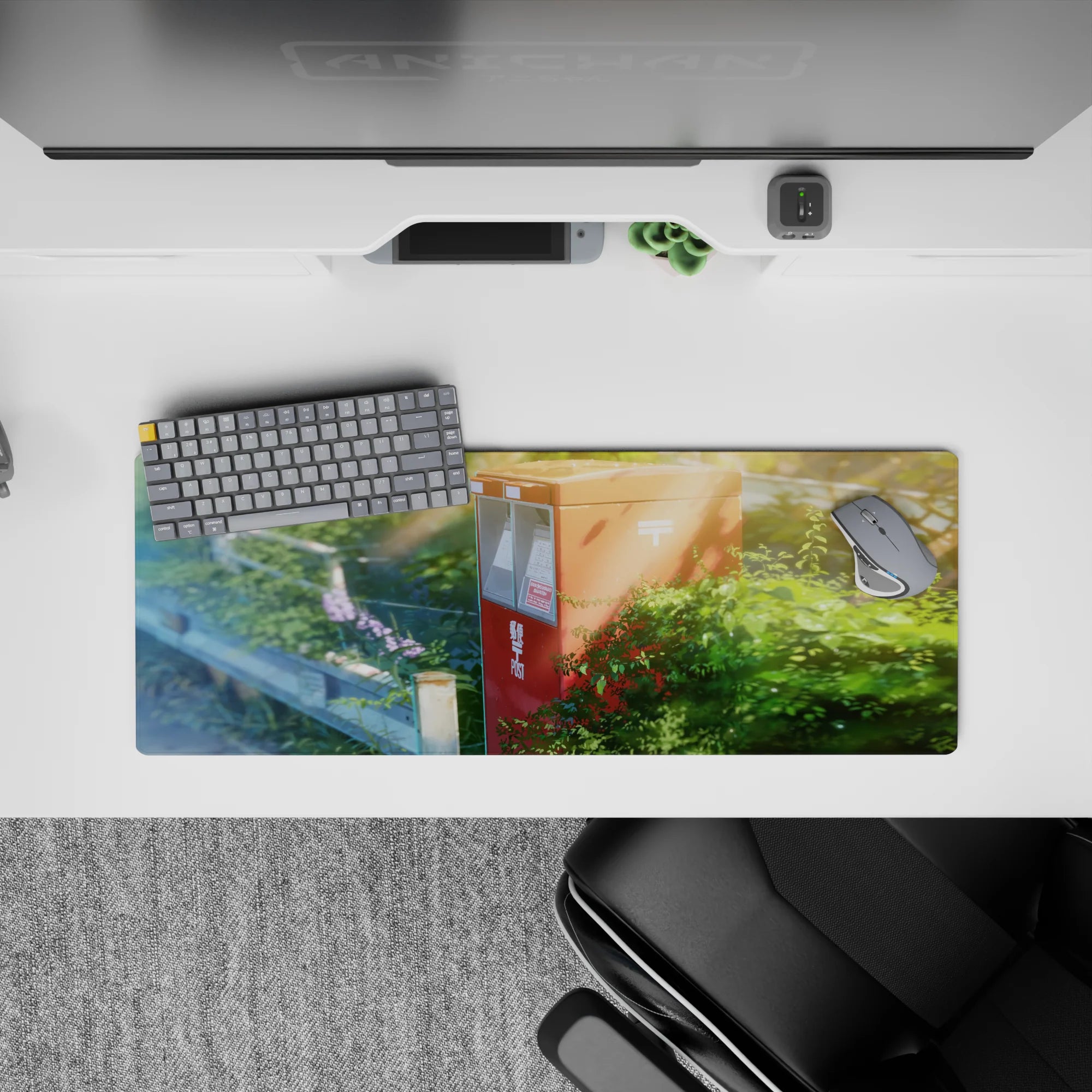Cozy 32x12 inches anime desk mat in gentle greens and dusty road blues, calm nostalgic summer mood.