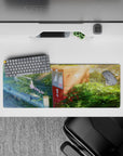 Cozy 32x12 inches anime desk mat in gentle greens and dusty road blues, calm nostalgic summer mood.