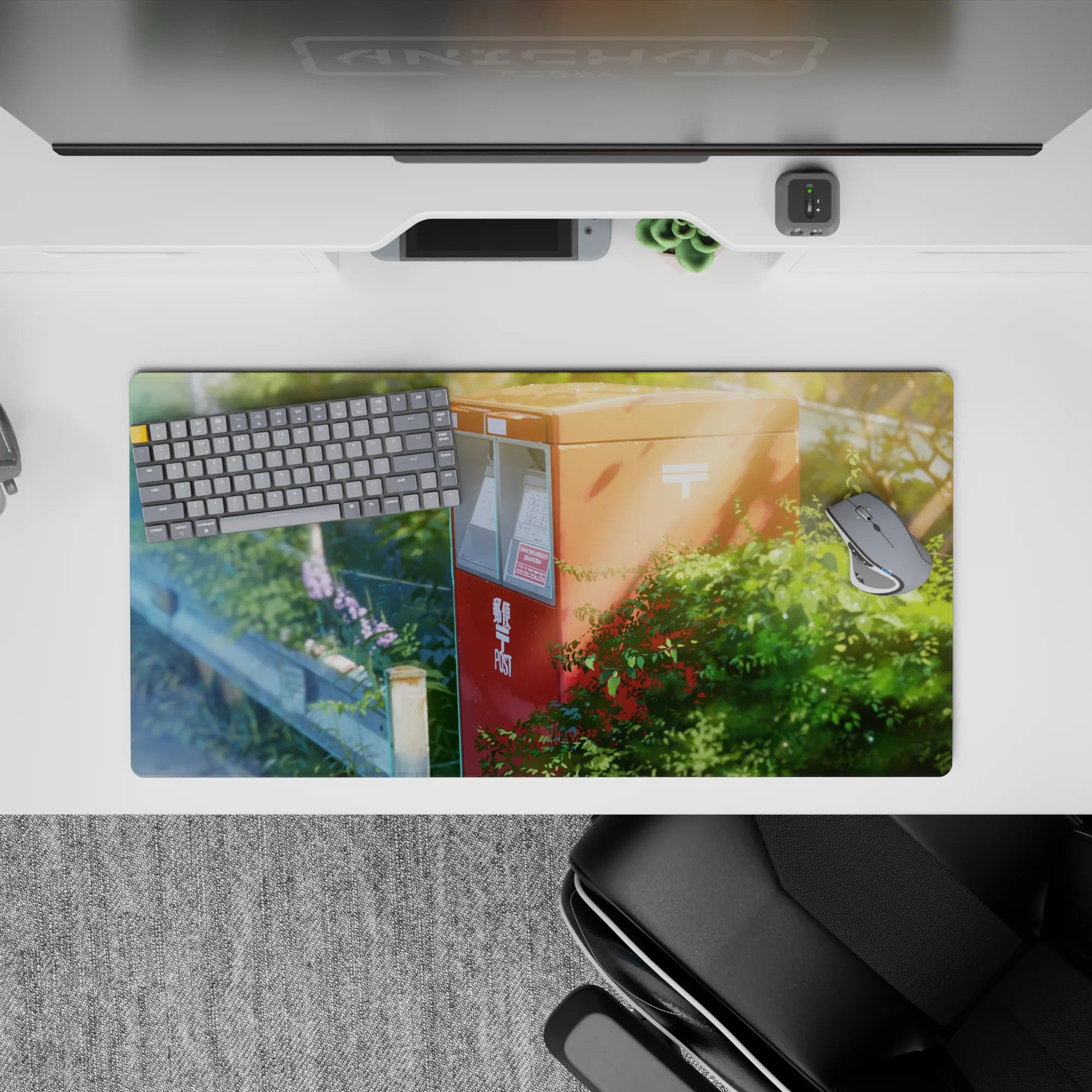 Cozy 32x16 inches anime mouse pad in gentle greens and dusty blues, warm sunbeams, nostalgic calm mood.