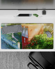 Cozy 32x16 inches anime mouse pad in gentle greens and dusty blues, warm sunbeams, nostalgic calm mood.