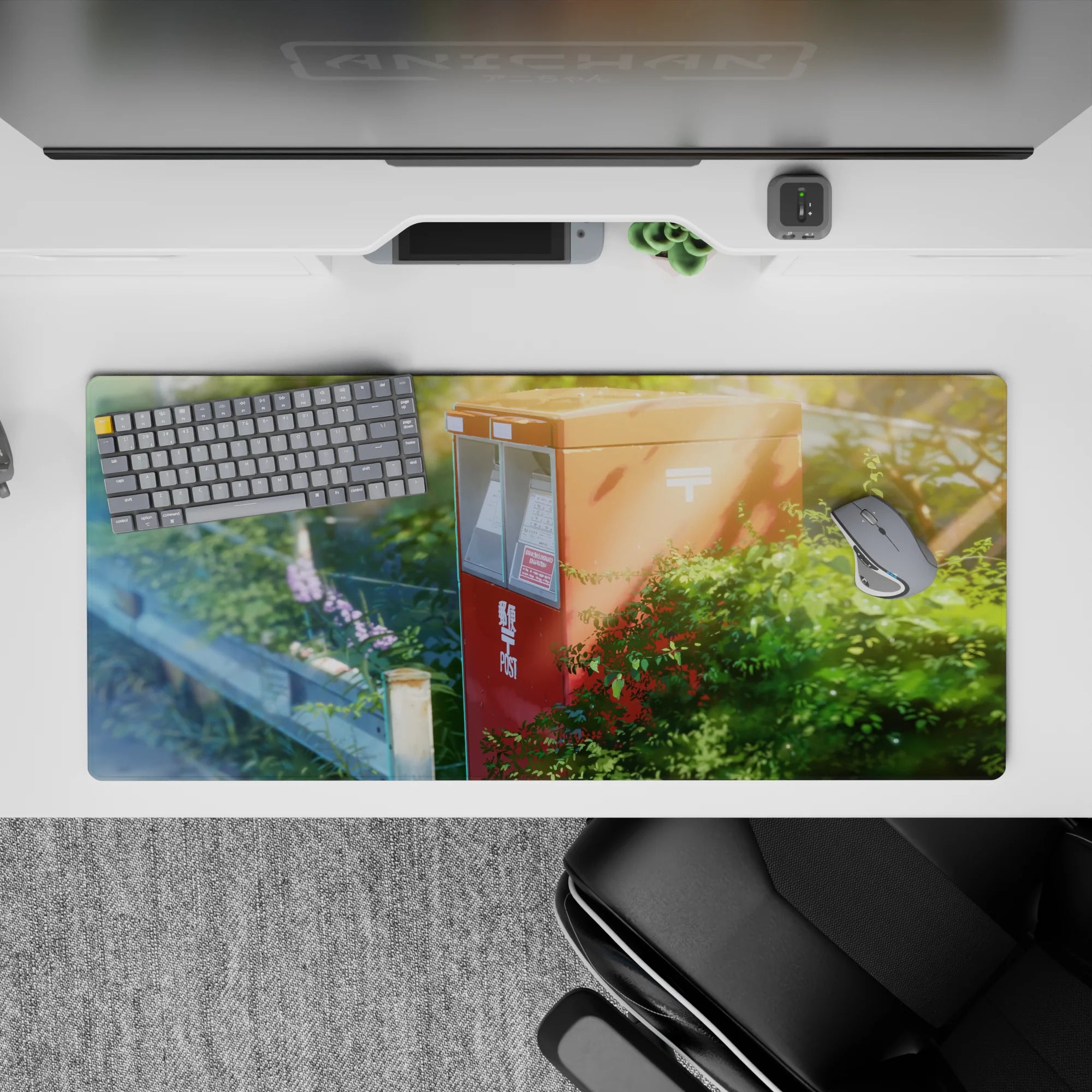 Cozy anime desk pad 36x16 inches in gentle greens and dusty blues, calm nostalgic summer mood.