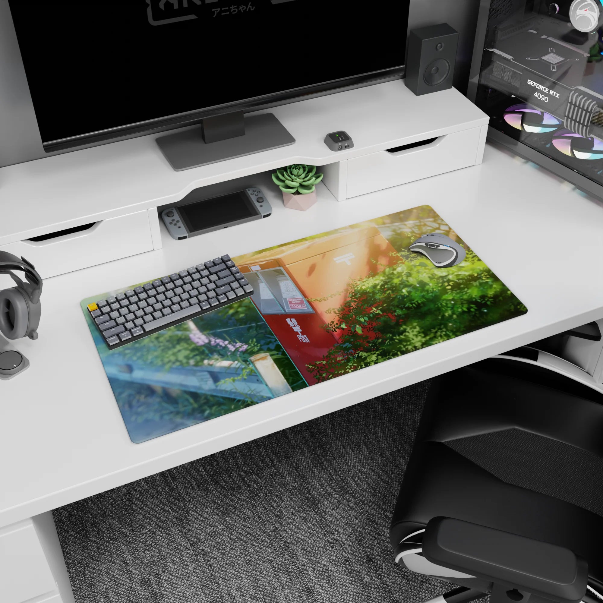 32x16 inches anime mouse pad showing a red Japanese post box wrapped in vines on a quiet summer road.