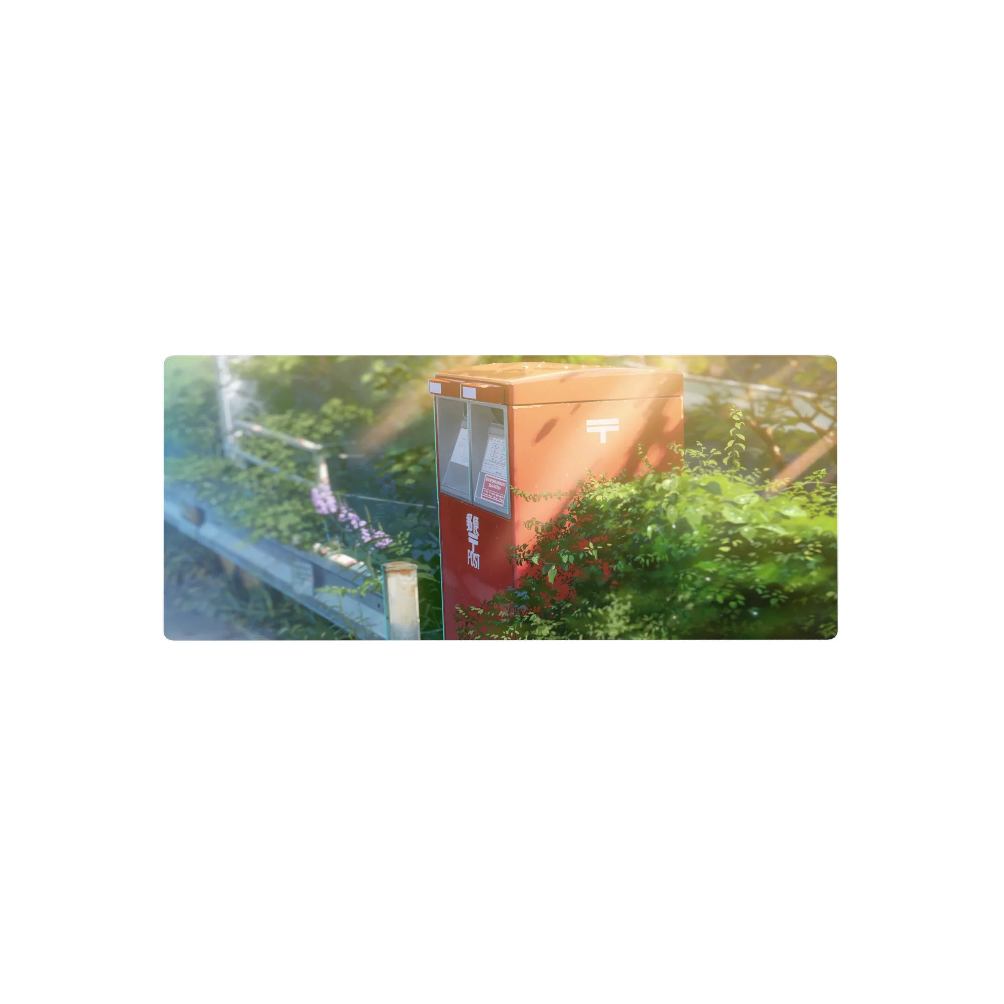 28x12 inches anime mouse pad with sunny Japanese street corner and red post box, vine-covered metal details.