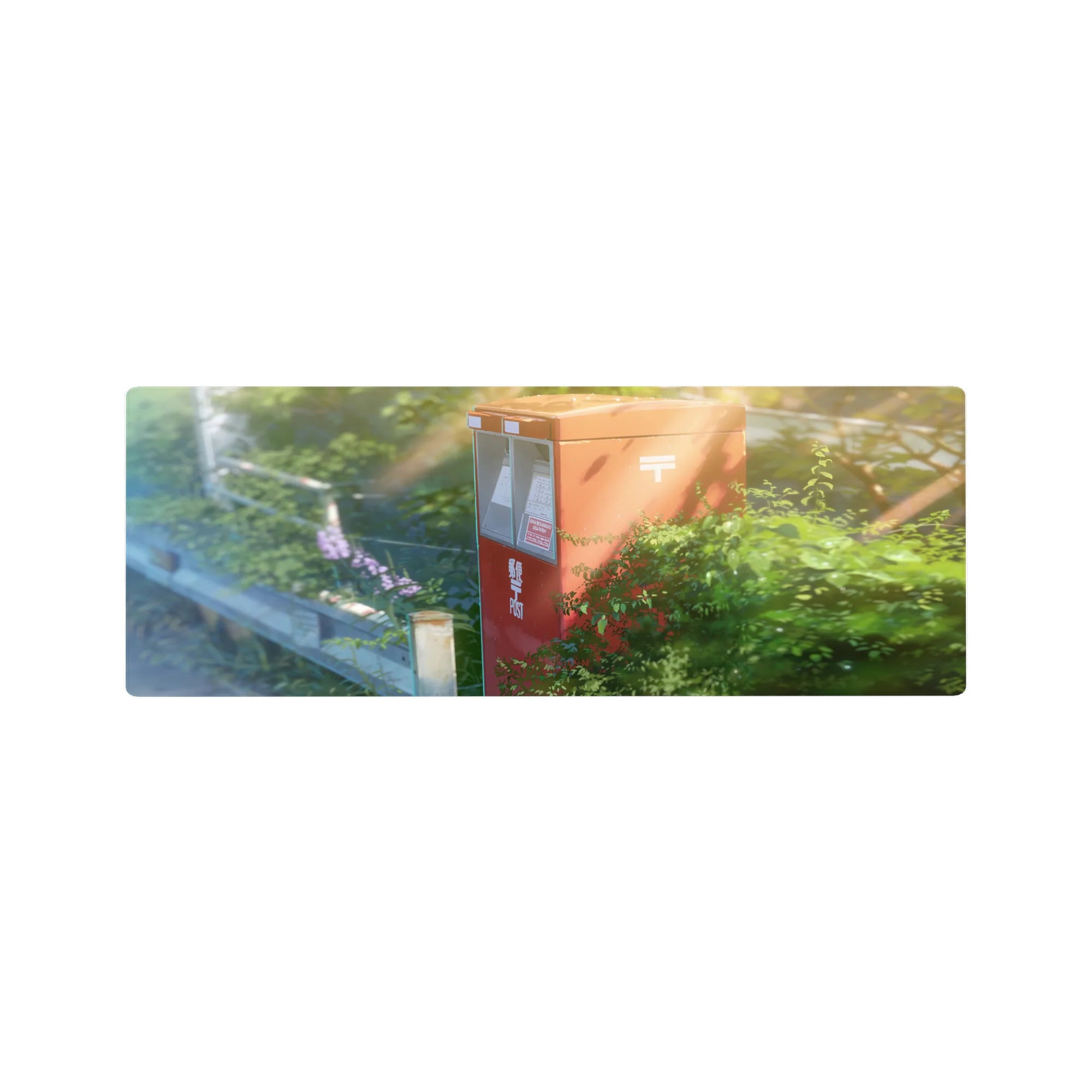 Anime mouse pad 32x12 inches with red Japanese post box, vines, sunbeams, and soft lens haze scene.