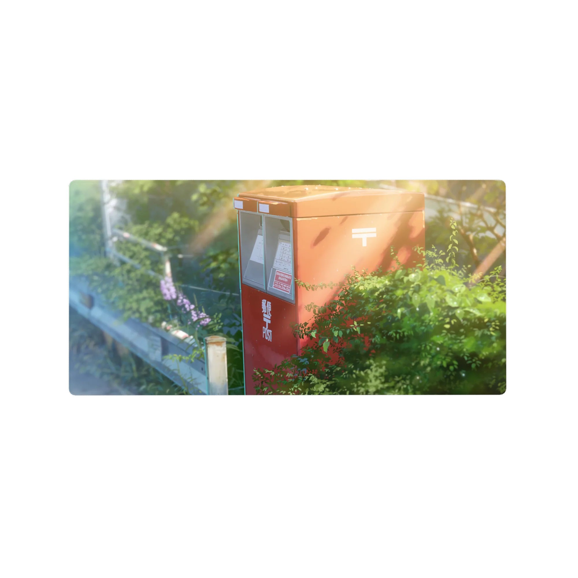 Anime mouse pad 32x16 inches with red Japanese post box, vines, street sign, and summer haze scene.