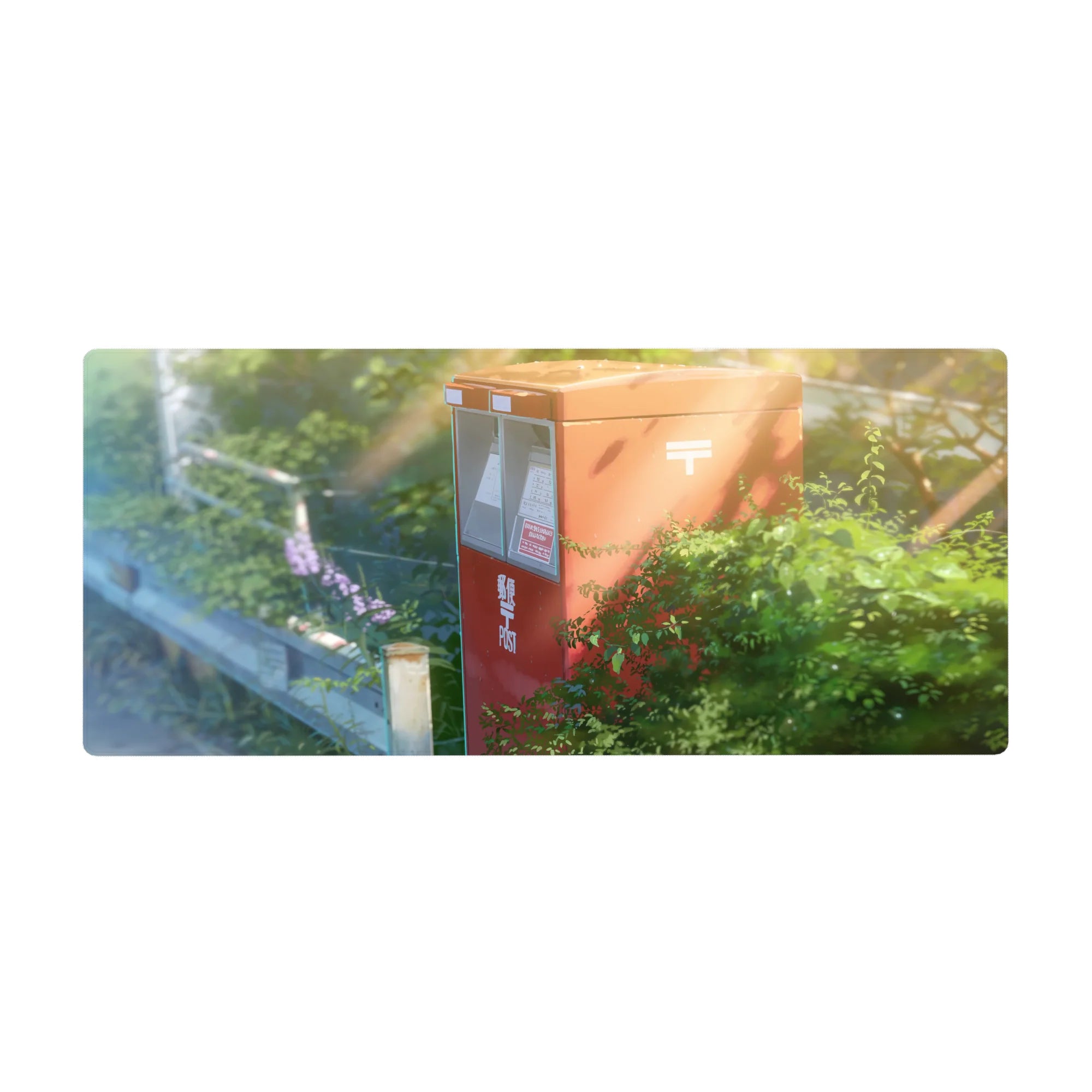 Anime desk pad 36x16 inches with red Japanese post box, vines, sunbeams, and soft lens haze.