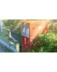 Anime desk pad 40x20 inches with a red Japanese post box, vines, summer street scene, lens haze.