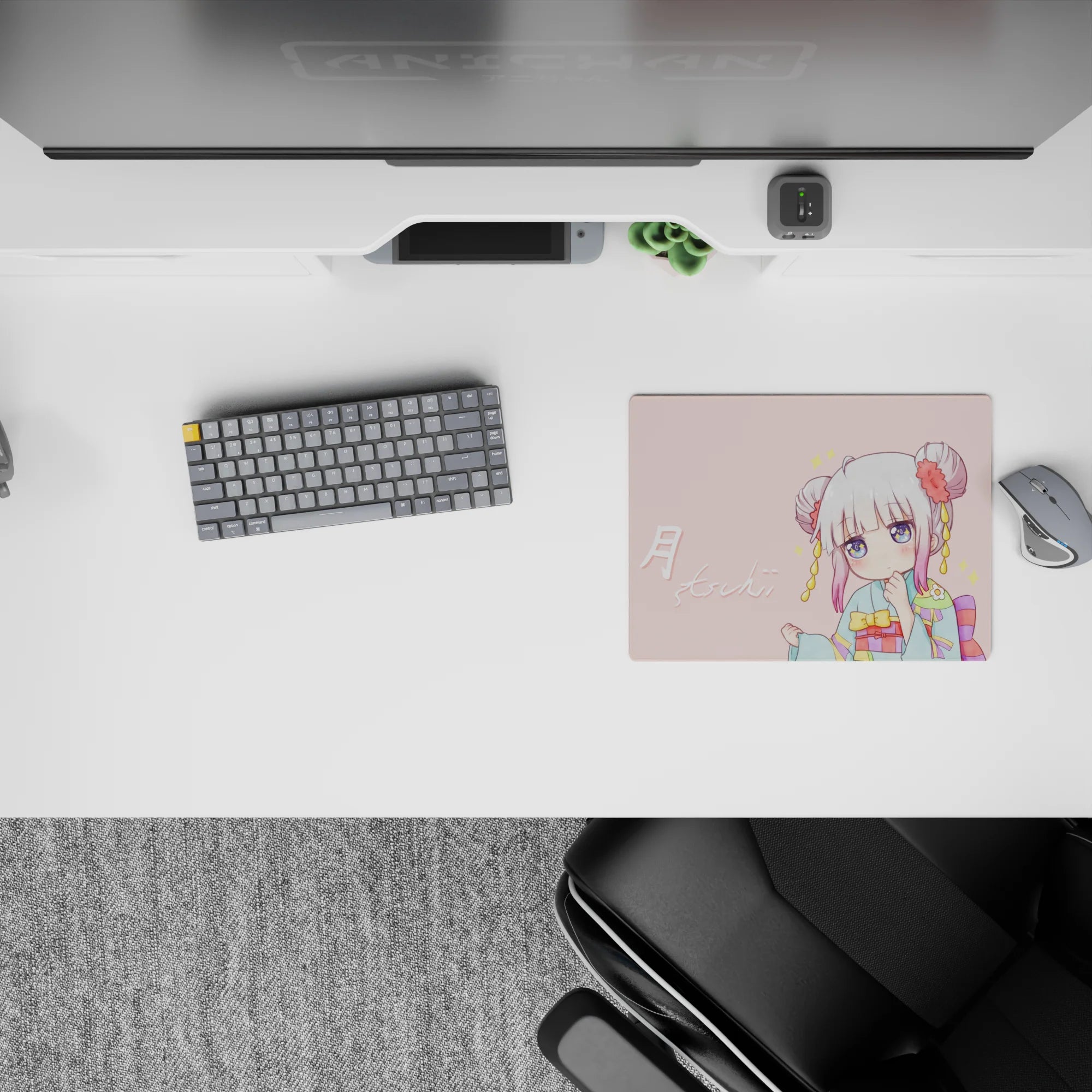 Pastel pink and teal anime mouse pad 14x10 inches with sparkly, cozy vibe, rainbow obi, and cute stars.