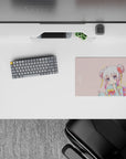Pastel pink and teal anime mouse pad 14x10 inches with sparkly, cozy vibe, rainbow obi, and cute stars.