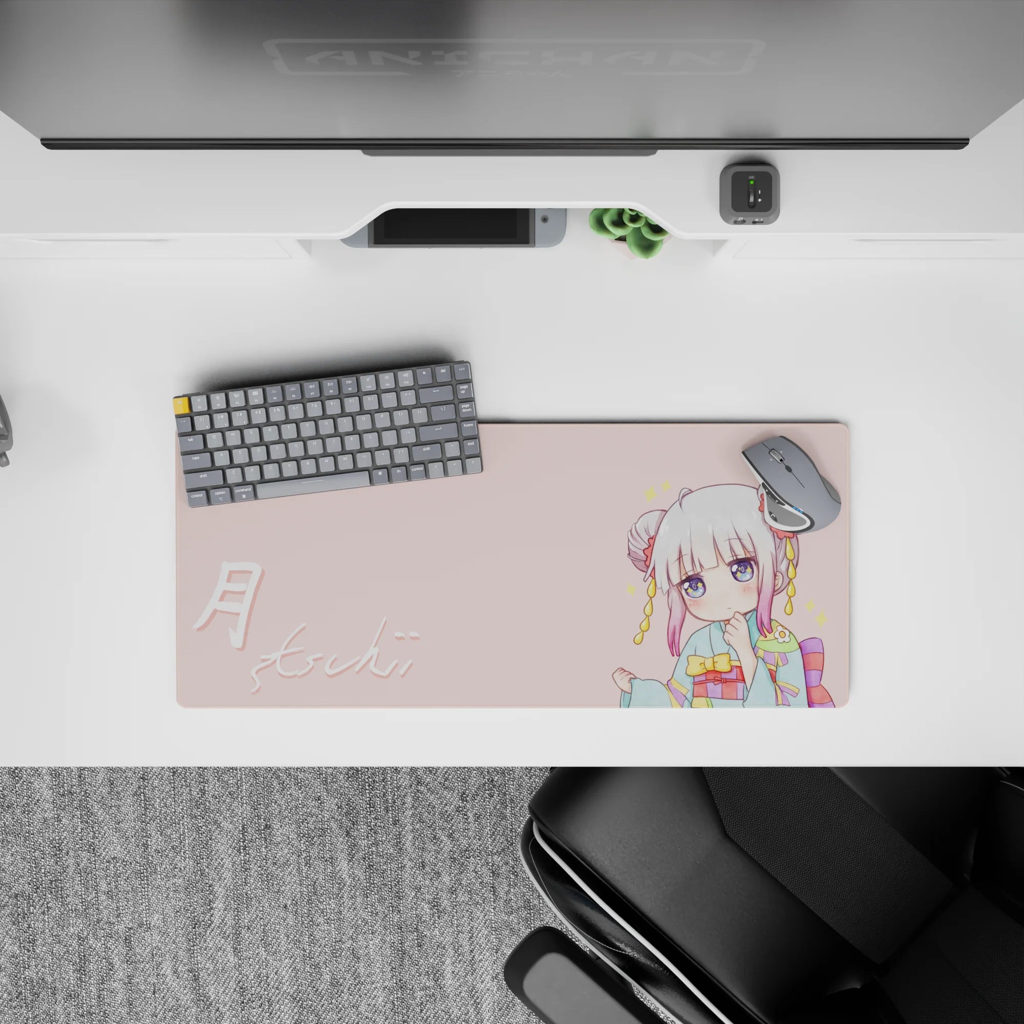 28x12 inches pastel pink and teal anime mouse pad with soft sparkles, rainbow obi accents, cozy vibe.