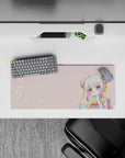 28x12 inches pastel pink and teal anime mouse pad with soft sparkles, rainbow obi accents, cozy vibe.