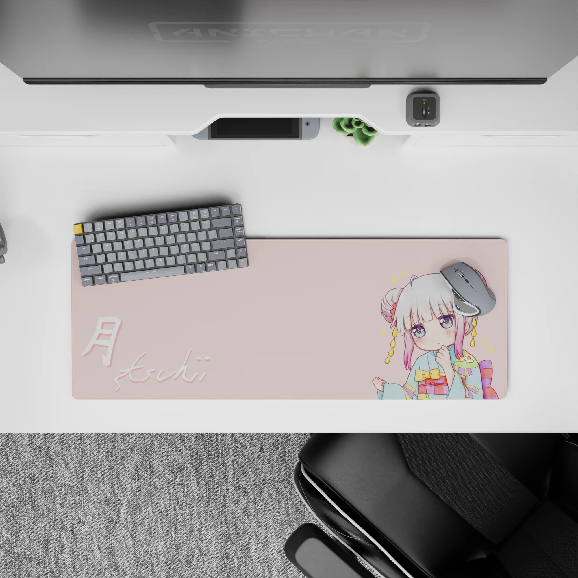 32x12 inches pastel pink and teal anime mouse pad with sparkly cute vibe, rainbow obi accents, soft desk feel.