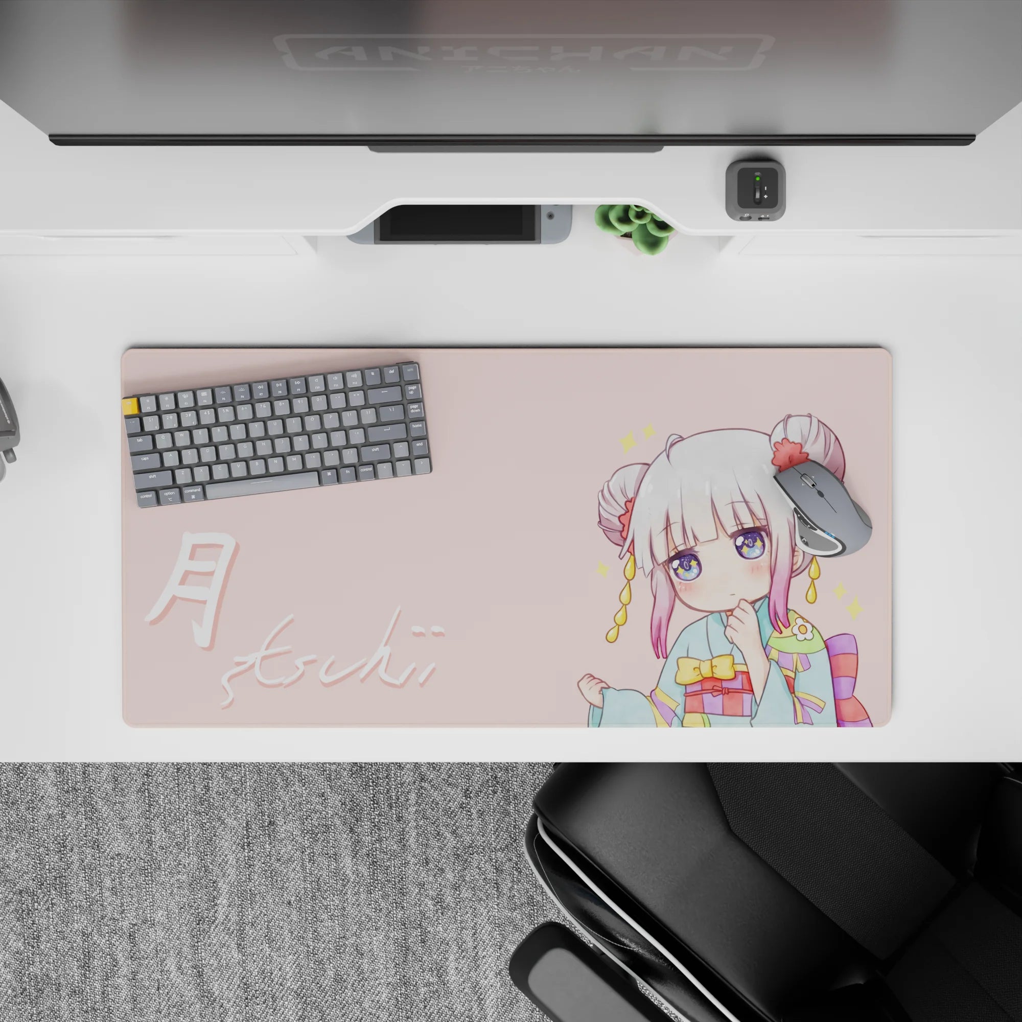 32x16 inches pastel pink and teal kawaii mouse pad, sparkly star accents and soft, comforting anime vibe.