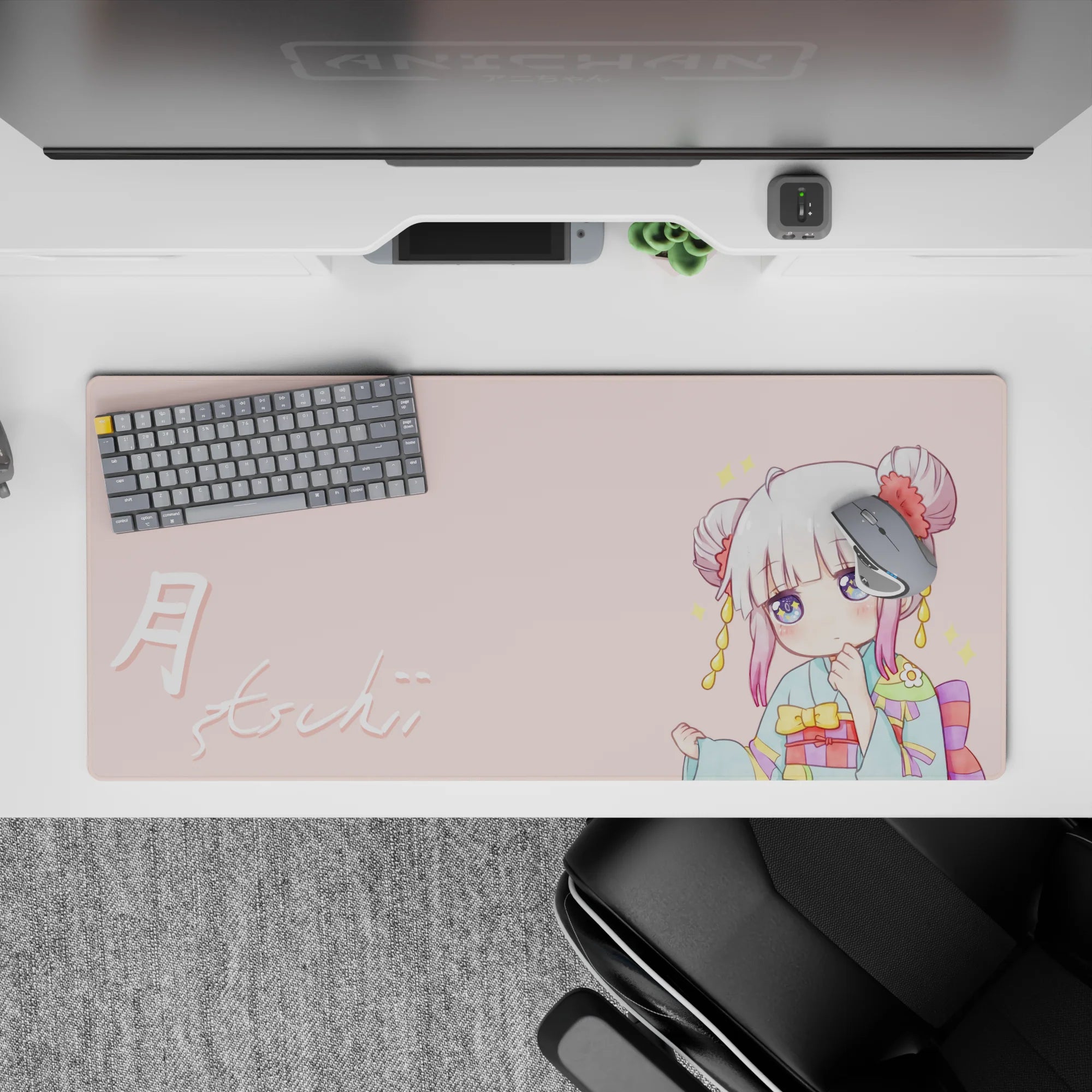 36x16 inches pastel pink and teal anime desk pad, soft kawaii mood with rainbow obi accents.