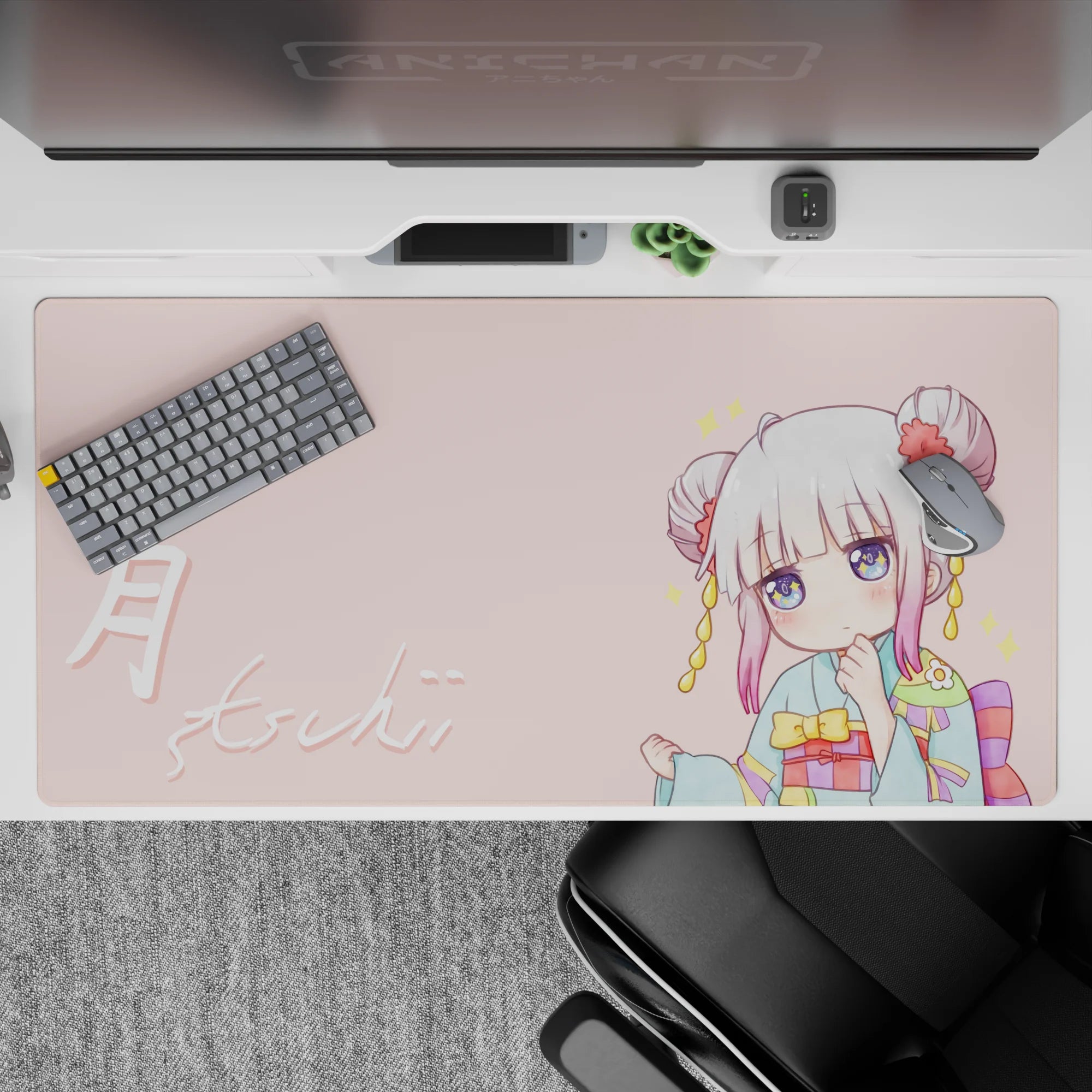 40x20 inches pastel pink and teal anime desk pad with sparkly, cozy vibe, rainbow obi accents, and cute stars.