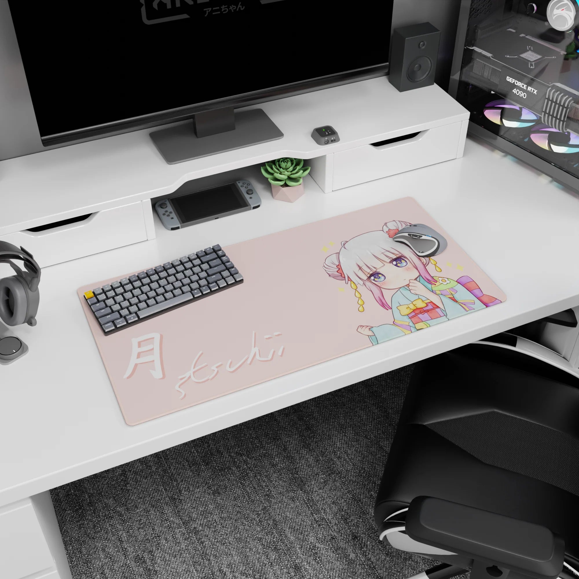 32x16 inches chibi kimono anime girl mouse pad with shy pose, rainbow obi details, and 月 Tsuki lettering.