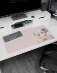 32x16 inches chibi kimono anime girl mouse pad with shy pose, rainbow obi details, and 月 Tsuki lettering.