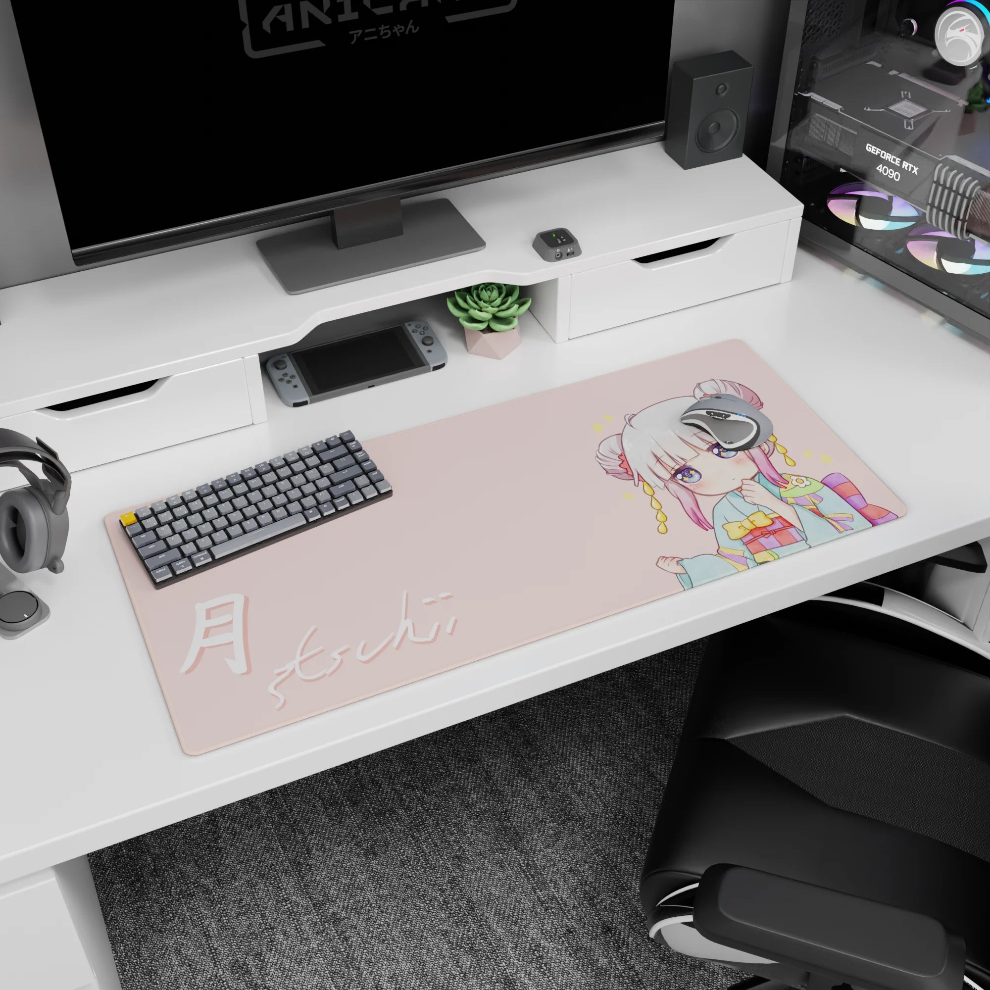 36x16 inches chibi anime kimono girl mouse pad, shy pose with glittery eyes on a cute pink backdrop.