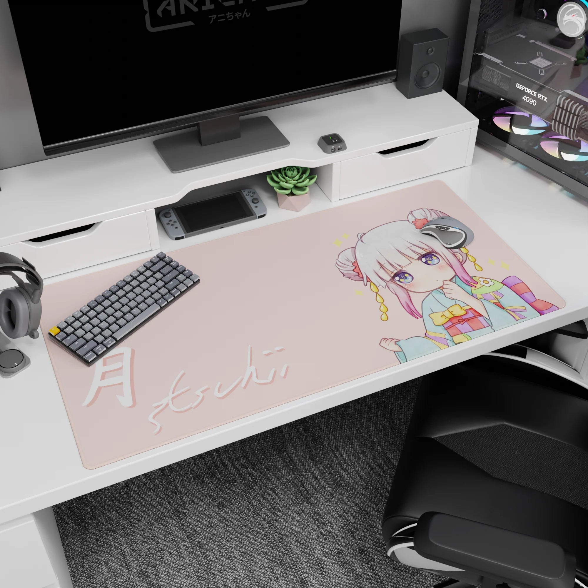 40x20 inches desk pad featuring a shy chibi anime girl in kimono, soft pink backdrop, and handwritten Tsuki 月.