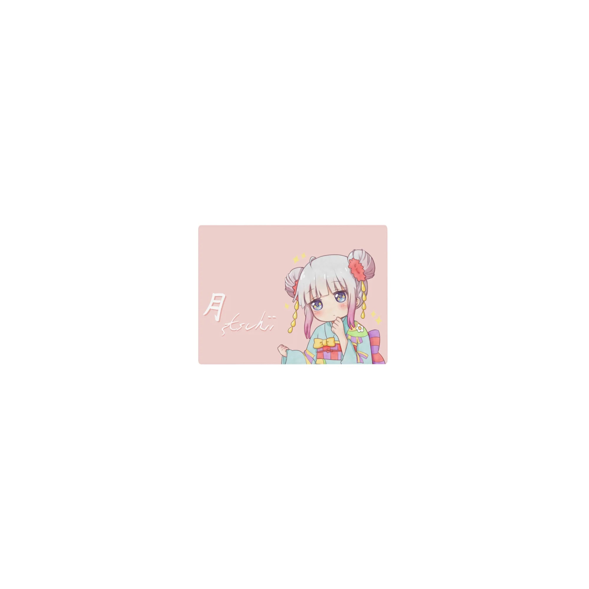 Classic anime girl mouse pad 14x10 inches with chibi kimono, Tsuki 月 text, stars, and pastel backdrop.